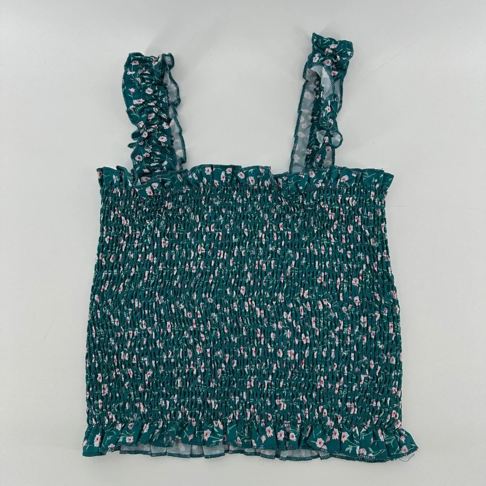 Shein Green Floral Smocked Ruffle Strap Tank Top Cropped Shirred Cami Small